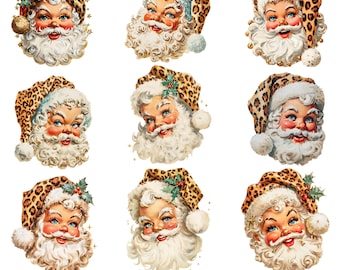 Retro Weihnachtsmann PNG Leopard Print Weihnachtsmann Clipart Vintage Weihnachtsmann PNG Bundle Nostalgische Weihnachtsgrafik Vintage druckbare Weihnachts PNGs