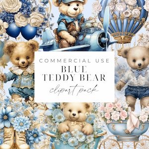 Teddy Bear Clipart Bundle Set Boy Baby Shower Blue Nursery Clipart Blue Teddy Commercial Use PNGs Transparent Background Digital Download