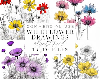 Wildflowers Drawing Clipart Set Printable Watercolor Clipart JPGs Colorful Fine Line Flowers Drawing Minimalist Flowers Digital Download