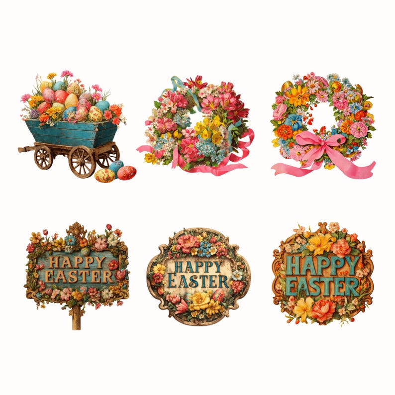 May include: A selection of Easter-themed illustrations. Features a blue cart with eggs, floral wreaths with pink ribbons, and signs with the text "HAPPY EASTER" surrounded by flowers. The style is vintage and decorative, with a pastel colour palette.
