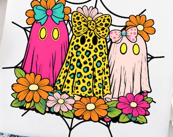 Halloween Neon Ghost PNG Preppy Ghost PNG Neon Halloween Design Cute Coquette Ghost Spooky Boo T Shirt PNG Trendy Retro Ghost Trio Graphic