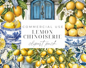 Chinoiserie Lemons PNGs Lemon Clipart Mediterranean Lemon Botanical Clipart Italy Lemon Blue Chinoiserie Tiles For Instant Download