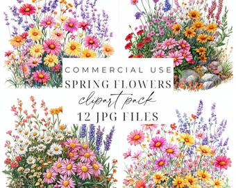 Spring Flowers Flowerbed Clipart Floral Watercolor Clipart JPG Colorful Spring Wildflowers Digital Download Card Making Junk Journaling