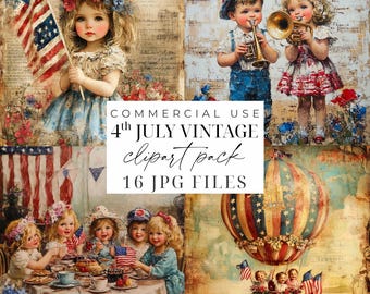 4th July Clipart Independence Day Clipart Cute Vintage Children July 4th Clipart JPGs Patriotic American Flag Victorian Children Printables