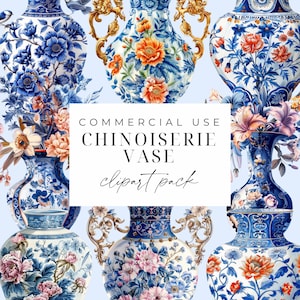 Blauwe chinoiserievaas clipart-graphics set van 12, blauw-witte porseleinen vazen botanische clipart, commercieel gebruik PNG, digitale downloadset