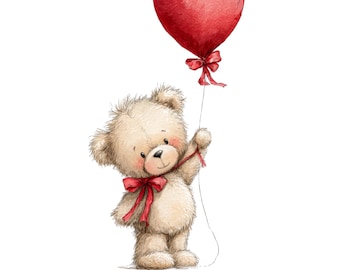 Valentinstag Teddy Clipart Aquarell Valentinstag PNG niedlichen Teddybär Luftballons Design Babys erster Valentinstag PNG Digital Download
