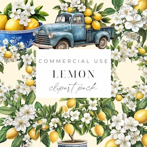 May include: A digital clipart pack featuring illustrations of lemons, lemon trees, and a vintage blue pickup truck filled with lemons. The text "COMMERCIAL USE LEMON clipart pack" is displayed on a white rectangle.