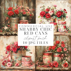 Boîtes de conserve vintage Shabby Chic Clipart boîtes de conserve rétro rouges avec fleurs Clipart boîte de conserve fleur shabby Chic JPG vintage cuisine Clipart papier artisanat