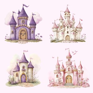 May include: Four watercolor illustrations of fairytale castles in shades of purple, pink, and cream. Each castle has multiple turrets with flags, arched doorways, and decorative details. The castles are set against a soft pink background with floral accents.
