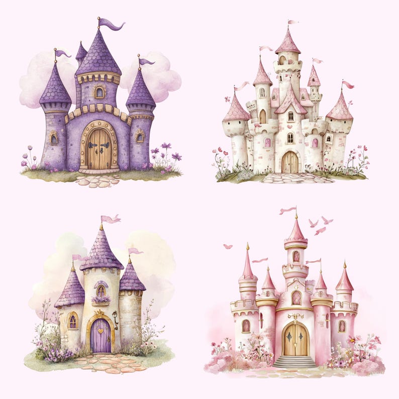 May include: Four watercolor illustrations of fairytale castles in shades of purple, pink, and cream. Each castle has multiple turrets with flags, arched doorways, and decorative details. The castles are set against a soft pink background with floral accents.