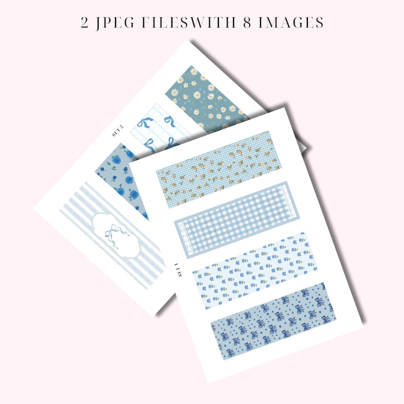 May include: Two sheets of paper with eight different blue and white patterned designs. The designs include stripes, gingham, floral, and polka dots. The sheets are labeled "Set 1" and "Set 2".