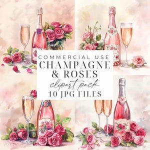 Imágenes prediseñadas de champán y flores, champán con rosas rosadas, alta calidad, JPG, acuarela, fiesta de año nuevo, imágenes prediseñadas, manualidades de papel, álbumes de recortes