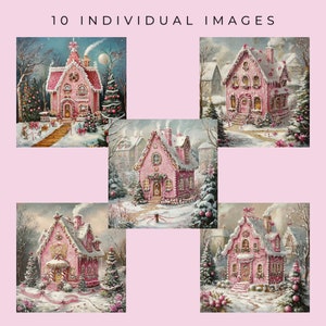 May include: Ten images of pink gingerbread houses decorated with white frosting, candy canes, and bows. The houses are set against a snowy winter backdrop with trees and a moon in the sky.