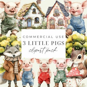 3 kleine Schweinchen Clipart Bundle süsser böser Wolf Schweinchen Clipart PNG Kinderreim Illustration Aquarell süsse Schweinchen Sofort Download