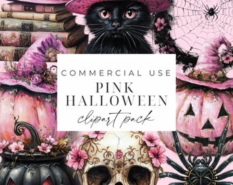 Pink Halloween Clipart Cute Halloween PNG Watercolor Halloween Clipart Spooky Graphics Black Cat Pumpkins Halloween Party Decor