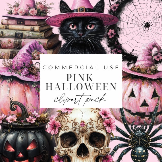 Pink Halloween Clipart Cute Halloween PNG Watercolor Halloween Clipart Spooky Graphics Black Cat Pumpkins Halloween Party Decor