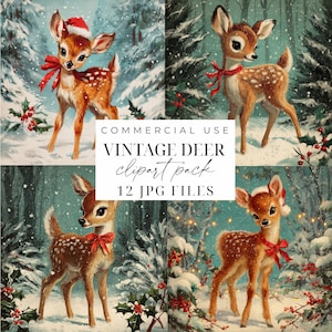 Imágenes prediseñadas de ciervos vintage Imágenes prediseñadas de Navidad vintage Ilustraciones navideñas retro JPG Imágenes prediseñadas de renos lindos Descarga digital Imágenes prediseñadas navideñas JPG