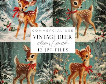 Vintage Deer Clipart Vintage Christmas Clipart Retro Christmas Illustrations JPG Cute Reindeer Clipart Digital Download Holiday Clipart JPGs