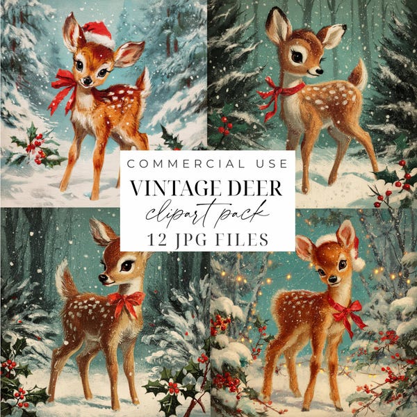 ヴィンテージ鹿クリップアート ヴィンテージクリスマスクリップアート レトロなクリスマスイラスト JPG かわいいトナカイクリップアート デジタルダウンロード ホリデークリップアート JPG