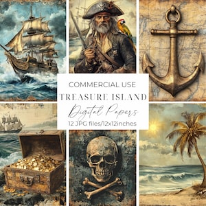 Papiers numériques de l'Île au trésor Papiers de scrapbooking de l'Île au trésor Bateau pirate fantaisiste Carte au trésor Feuilles de collage Journal éphémères