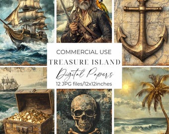 Treasure Island Digital Papers Treasure Island Scrapbook Papers Whimsical Pirate Ship Treasure Map Collage Sheets Ephemera Junk Journal