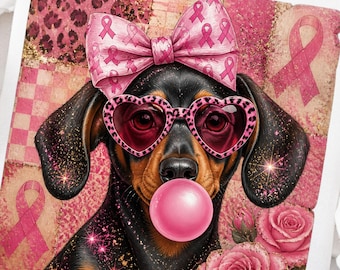 Preppy Pink Dachshund PNG Breast Cancer Awareness PNG Pink Bubblegum Design Trendy Pink Ribbon PNG Leopard Pink Checkered Design