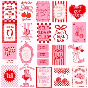Può includere: Una collezione di design grafici rosa e rossi con testo e illustrazioni. I design includono frasi come "Soft but Strong", "Self Love Club" e "Girls Just Wanna Have Fun". Altre grafiche includono ciliegie, dadi e un cocktail.