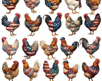 Vaterländische Hühner Clipart PNG 4. Juli Huhn Clipart Cottagecore Huhn PNG USA Tiere Grafiken Amerika Blumen Henne druckbare Clipart