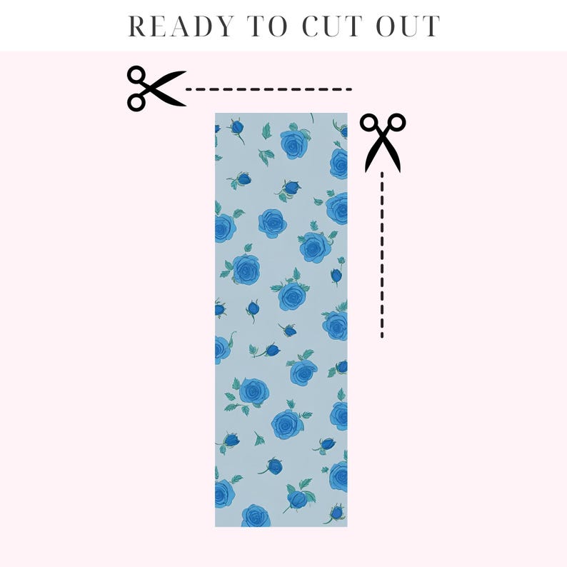 May include: A printable sheet with a blue and green floral pattern of roses. The sheet is ready to be cut out.