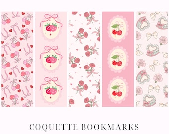 Marcadores imprimibles de Coquette Marcadores digitales Marcadores lindos Descarga instantánea Marcadores de romance para niñas Lazo rosa Fresas Estéticas