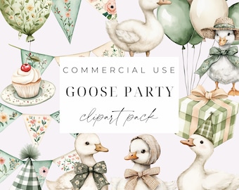 Clipart de Ganso Bobo Festa de Ganso PNGs Aquarela Aniversário Chá de Bebê Berçário Clipart Vintage Cottagecore Primavera Flores Silvestres Uso Comercial