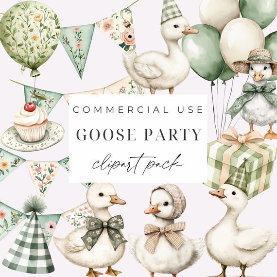 Silly Goose Clipart Goose Party PNGs Watercolor Birthday Baby Shower Nursery Clipart Vintage Cottagecore Spring Wildflowers Commercial Use