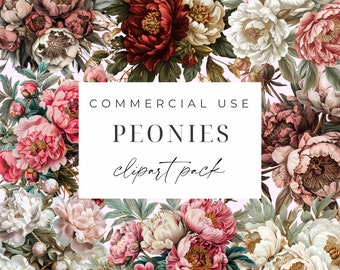 Peony Floral Clipart Bundle, 18 Watercolor Pink Red Peonies In PNG Format, Spring Summer Flower Clipart, Instant Download, Commercial Use,