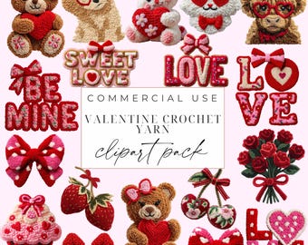 Valentines Day PNG Set Faux Yarn Latch Hook Clipart Valentines Croquet png Coquette Bow Heart Valentine Embroidery Design Cute Yarn XOXO
