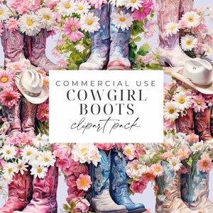 Ensemble de cliparts de botte de cow-girl, PNG Western rose aquarelle, bottes de cow-girl bohème, téléchargement immédiat, clipart sud-ouest de Style vintage, bottes florales