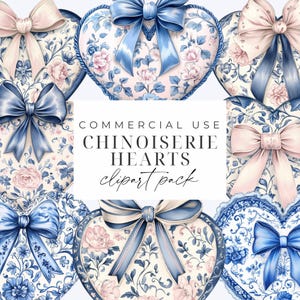 Blauwe toile chinoiserie harten clipart harten en strikken clipart pngs preppy Valentines png coquette Valentines graphics digitale download