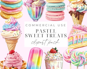 Pastel Candy Sweets Clipart Sweet Treats Retro Ice Cream Clipart PNG Sweets Cake Lollipop Cotton Candy Birthday Clipart Set Commercial Use