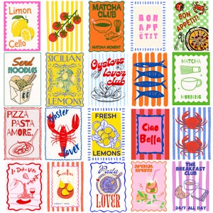 Può includere: Una collezione di stampe artistiche colorate a tema cibo. I disegni includono limoni, pasta, pizza, aragosta e matcha, con testi come "Limon" e "Pasta Lover". Le stampe presentano vari schemi di colori e stili.
