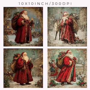 May include: Four square prints featuring Santa Claus in a snowy winter scene. Santa is depicted in a red coat, carrying a sack of gifts and a candle. The prints are 10x10 inches in size and have a vintage aesthetic, perfect for Christmas decor.
