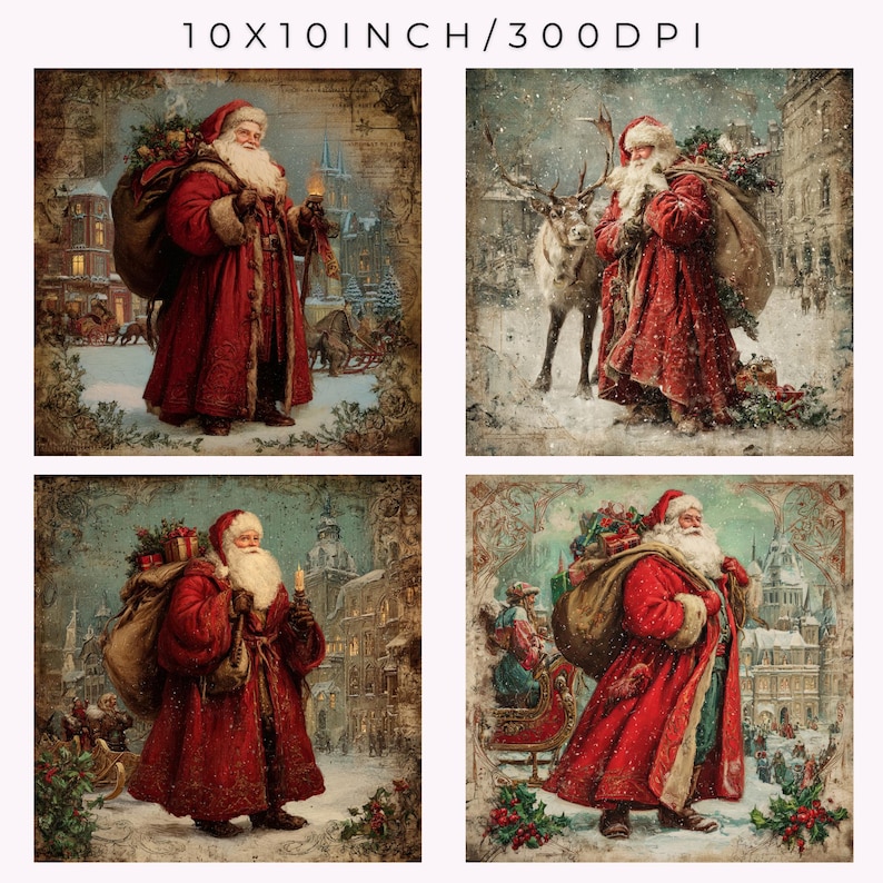 May include: Four square prints featuring Santa Claus in a snowy winter scene. Santa is depicted in a red coat, carrying a sack of gifts and a candle. The prints are 10x10 inches in size and have a vintage aesthetic, perfect for Christmas decor.