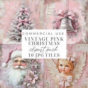 Paquete de imágenes prediseñadas de Navidad en color rosa, archivos JPG de Navidad vintage en color rosa, fondos navideños de estilo shabby chic, álbum de recortes de Papá Noel en color rosa, diario basura imprimible