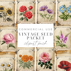 Paquetes de semillas de flores Clipart Paquetes de semillas vintage Diario basura PNG Paquetes de semillas Descarga digital Clipart de jardín inglés Gráficos antiguos de efímeras