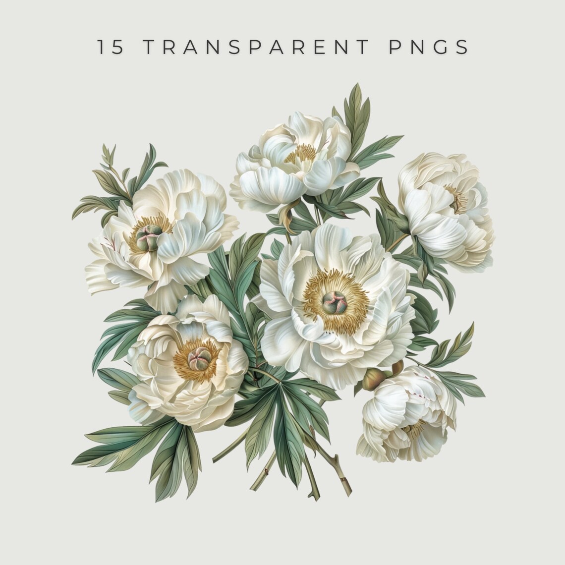 White Peonies Clipart Set, Watercolor White Peony PNG, Peony Flowers ...