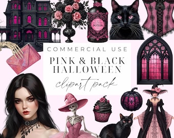 ハロウィンクリップアートセット ピンクのハロウィンクリップアートPNG パステルゴシックハロウィンデジタルダウンロード 不気味で不気味なハロウィンクリップアート 商用利用可