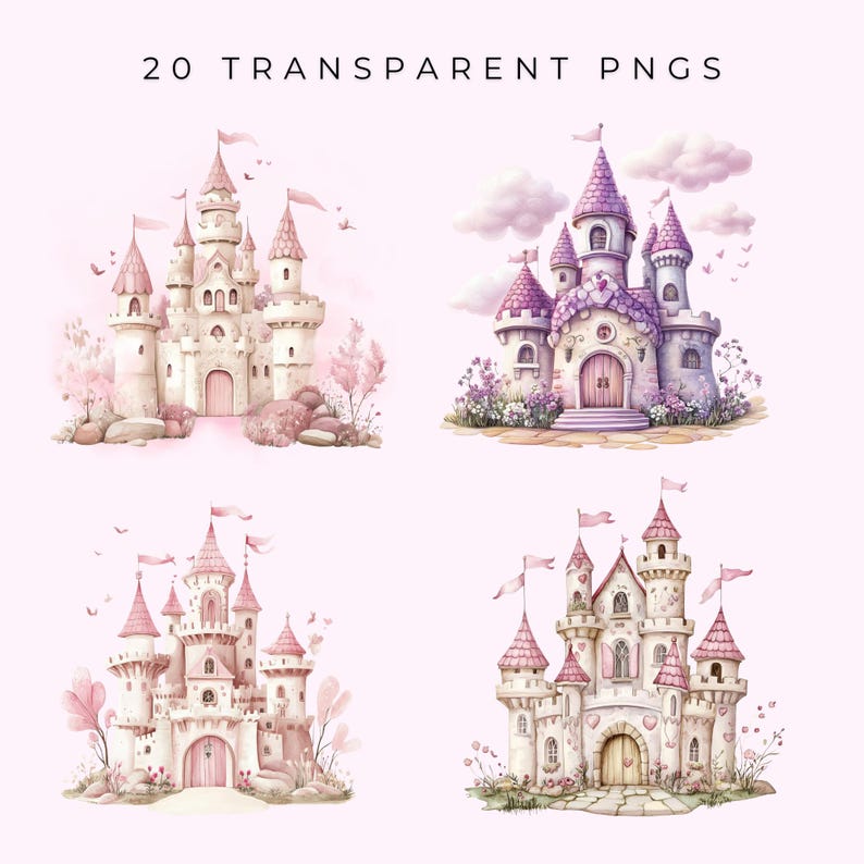 May include: Four watercolor illustrations of fairytale castles in shades of pink, purple, and white. Each castle has multiple turrets, flags, and decorative elements. The text "20 TRANSPARENT PNGS" is at the top.