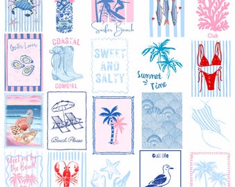 Pacote de Clipart de Verão Coquette Azul Costeiro PNG Botas de Cowgirl Retrô Estilo Preppy Gráficos Estética de Praia Moderna Colagem Costeira Tropical PNG