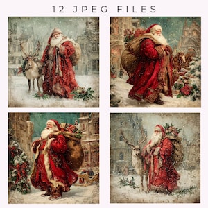 May include: A collection of four vintage-style digital images featuring Santa Claus in a snowy winter scene. Santa is depicted in a red coat with a sack of gifts, often accompanied by a reindeer. The images have a textured, antique aesthetic.