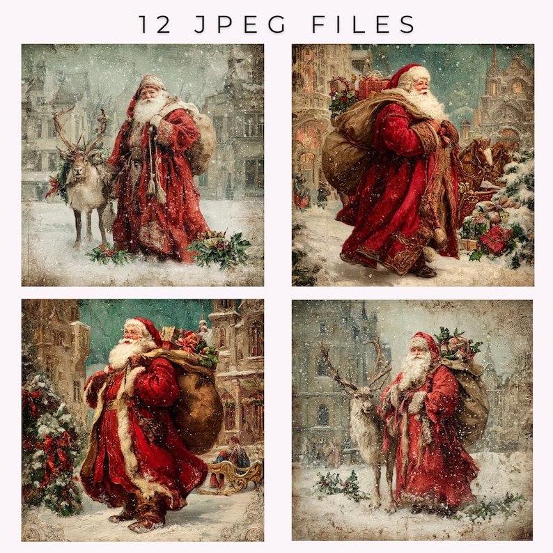 May include: A collection of four vintage-style digital images featuring Santa Claus in a snowy winter scene. Santa is depicted in a red coat with a sack of gifts, often accompanied by a reindeer. The images have a textured, antique aesthetic.
