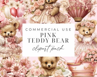 Teddy Bear Clipart Set, Girl Baby Shower Clipart Pack, Pink Teddy Bear Clipart, Cute Teddy Clipart, 20 PNGs, Commercial Use, Nursery Bundle