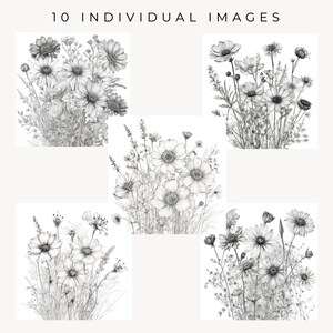 May include: A black and white pencil drawing of a bouquet of wildflowers. The flowers are drawn in a realistic style, with delicate details of the petals and leaves.
